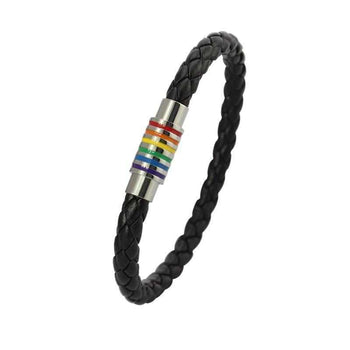 Rainbow Black Leather Braided Bracelet (PRWB1)