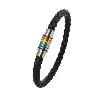 Rainbow Black Leather Braided Bracelet (PRWB1)